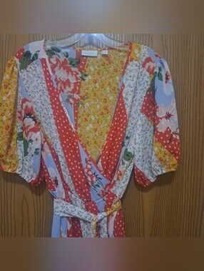 NWOT Ny & Co Multipattern Patchwork floral faux wrap midi  boho flowy dress SZ M